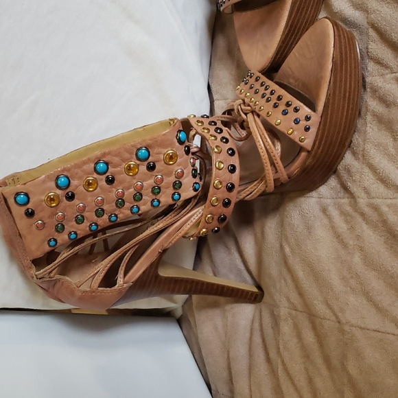 Nine West platform leather embelished heeled sandals - Picture 10 of 14